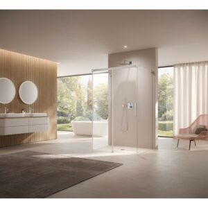 BOX DOCCIA KERMI NICA PORTA SCORREVOLE CON FISSO IN LINEA E DUE PARETI LATERALI PROFILO LUCIDO CRISTALLO TRASPARENTE
